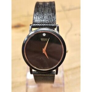 Seiko 34mm Black Men's Watch, Gold Trim  7N00-8A49. Lizard Band. New Battery.